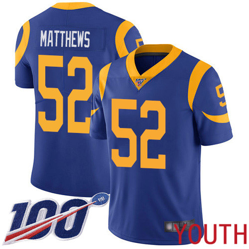 Los Angeles Rams Limited Royal Blue Youth Clay Matthews Alternate Jersey NFL Football 52 100th Season Vapor Untouchable